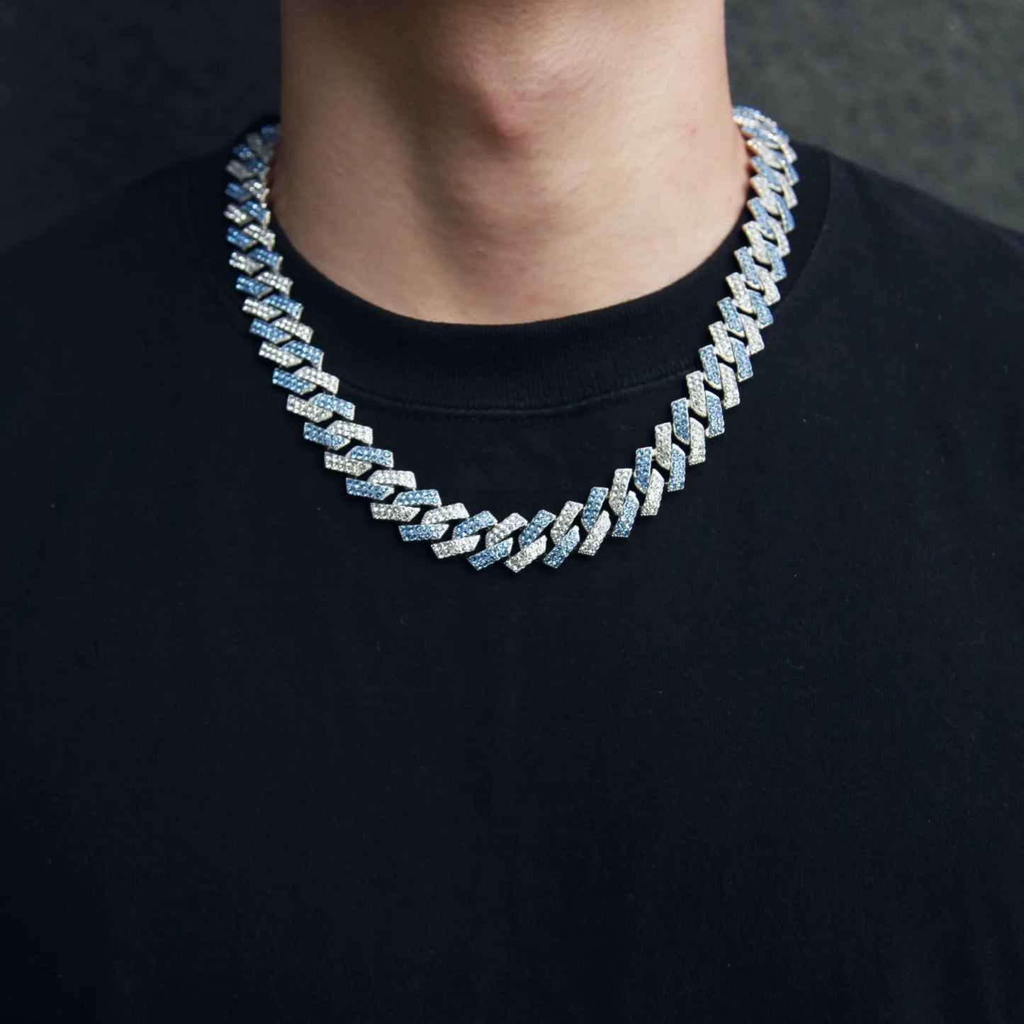 シルバー & オーシャンブルー Iced Out プロング チェーン ネックレス