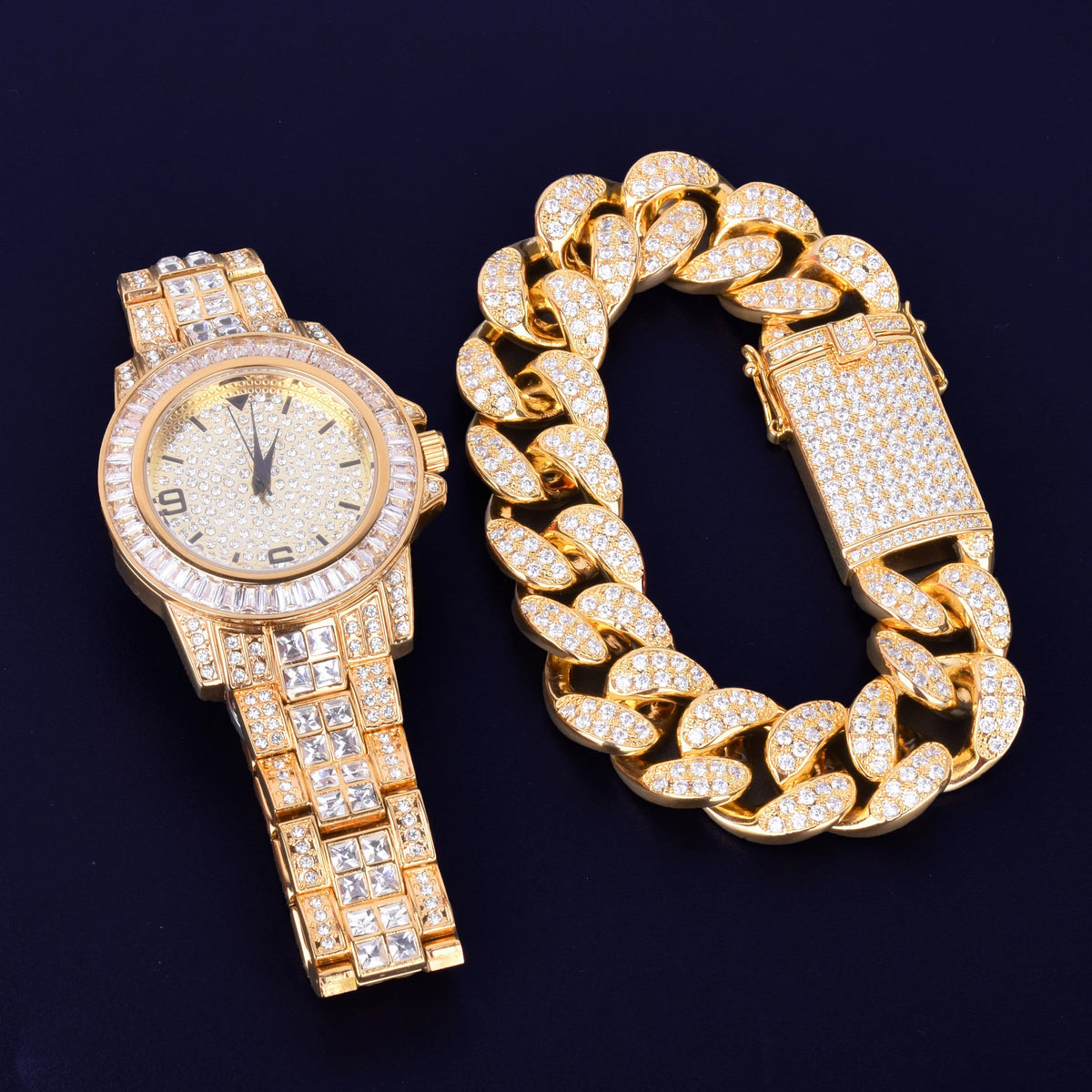 ICED OUT ダイヤモンドバゲットウォッチ & キューバンリンクブレスレットセット