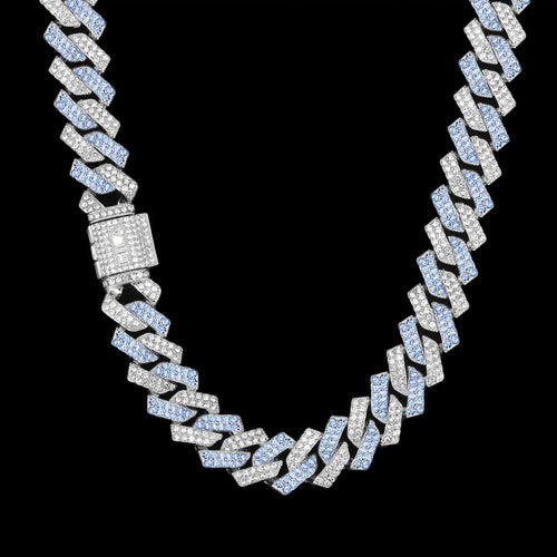 シルバー & オーシャンブルー Iced Out プロング チェーン ネックレス