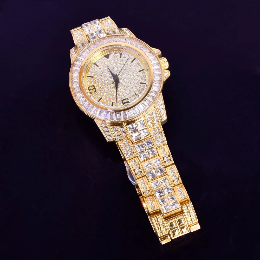 ICED OUT ダイヤモンドバゲットウォッチ & キューバンリンクブレスレットセット