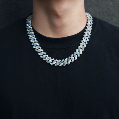 シルバー & オーシャンブルー Iced Out プロング チェーン ネックレス