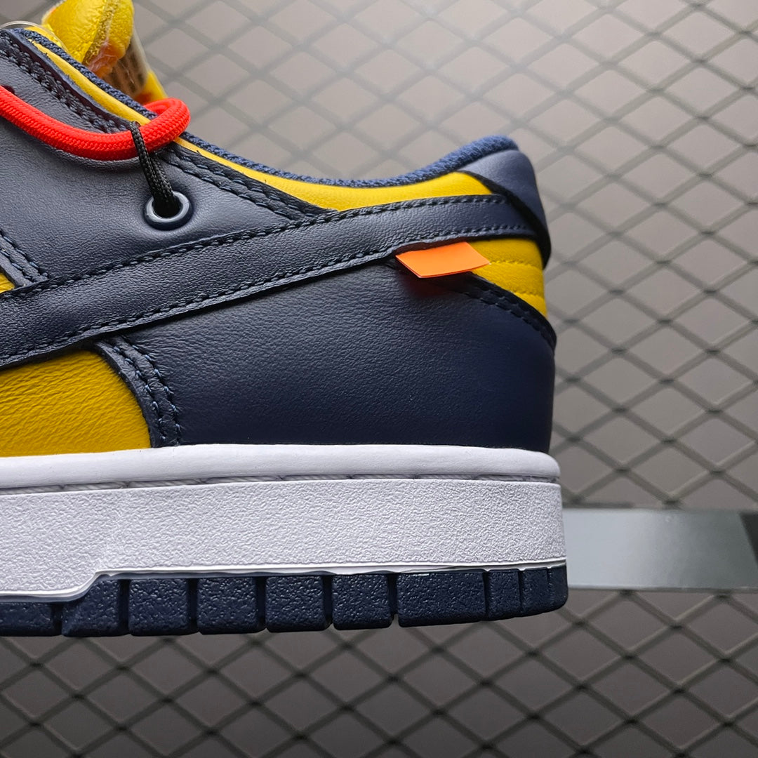 Off-White × Nike Dunk Low LTHR "University Gold/Midnight Navy/White"