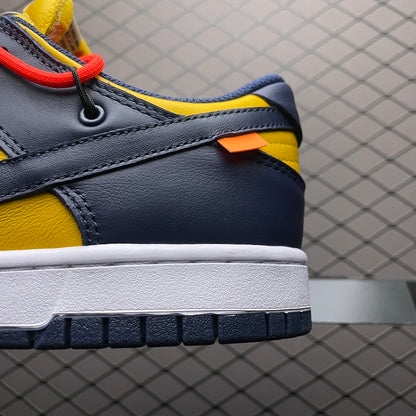 Off-White × Nike Dunk Low LTHR "University Gold/Midnight Navy/White"