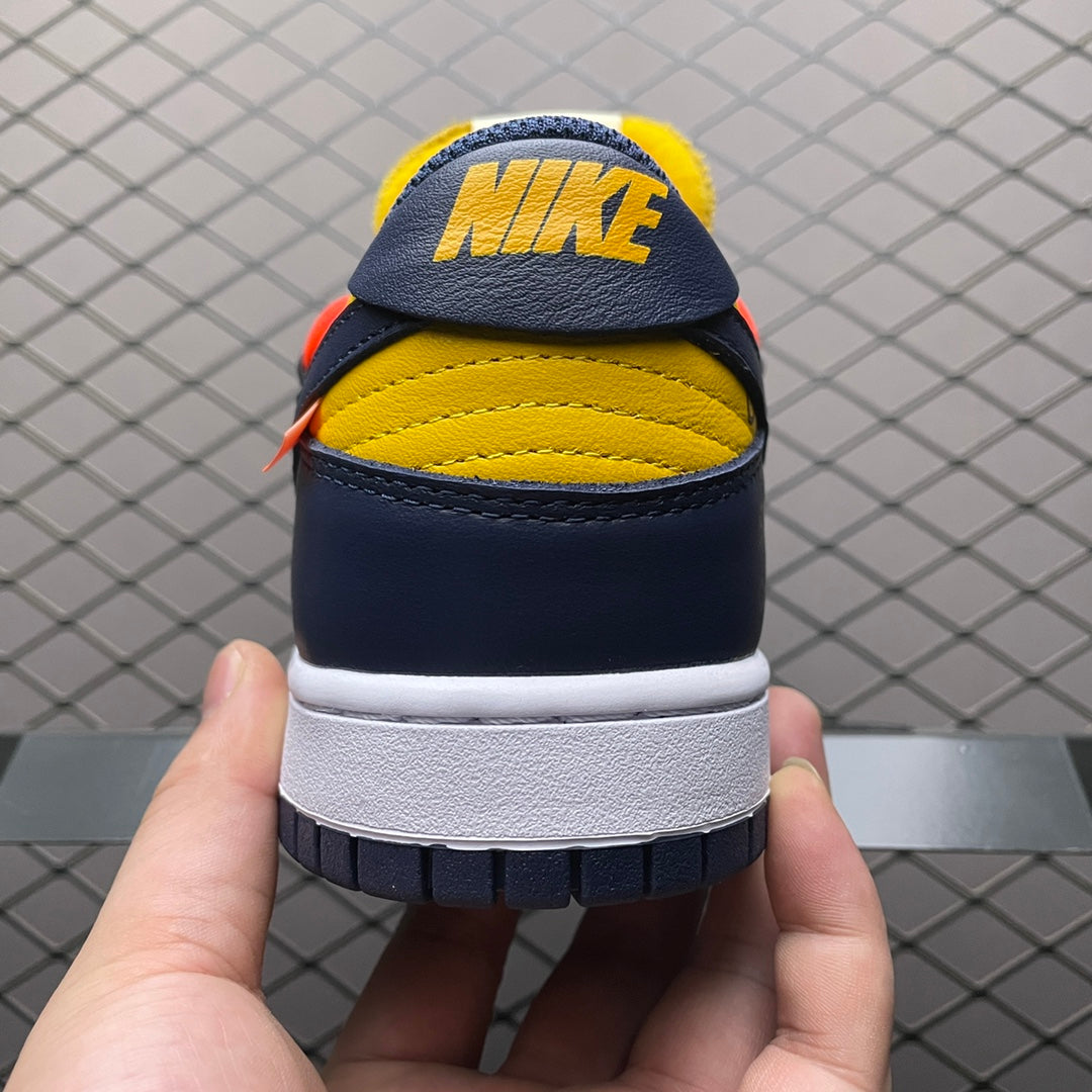 Off-White × Nike Dunk Low LTHR "University Gold/Midnight Navy/White"