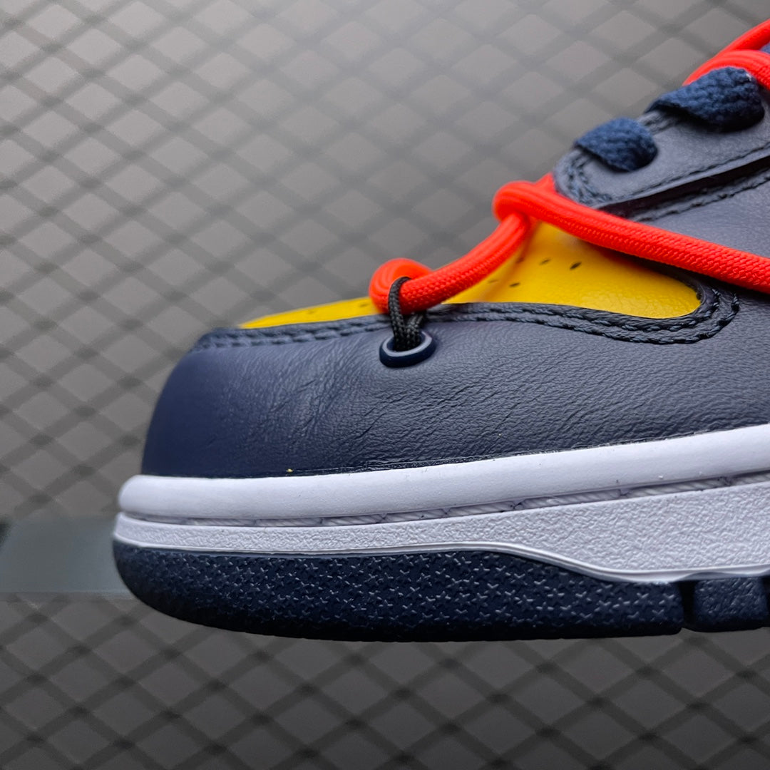 Off-White × Nike Dunk Low LTHR "University Gold/Midnight Navy/White"