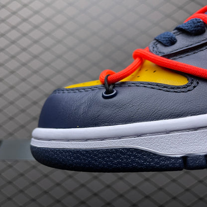 Off-White × Nike Dunk Low LTHR "University Gold/Midnight Navy/White"