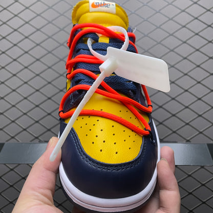 Off-White × Nike Dunk Low LTHR "University Gold/Midnight Navy/White"