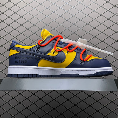 Off-White × Nike Dunk Low LTHR "University Gold/Midnight Navy/White"