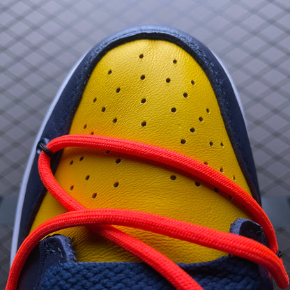 Off-White × Nike Dunk Low LTHR "University Gold/Midnight Navy/White"