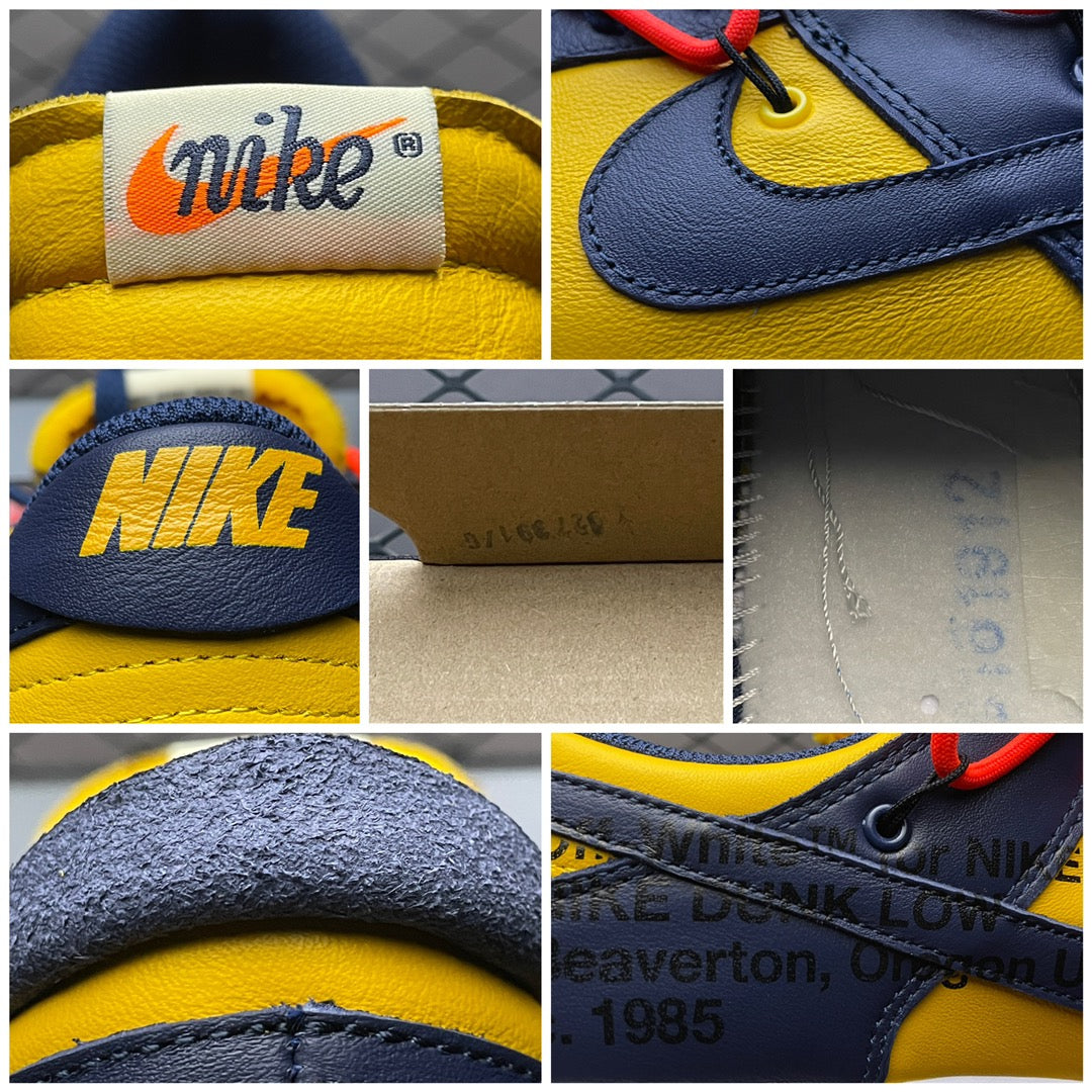 Off-White × Nike Dunk Low LTHR "University Gold/Midnight Navy/White"