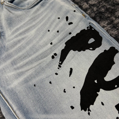 PURPLE BRAND Flocked Painted Wordmark Skinny Jeans 'Indigo'