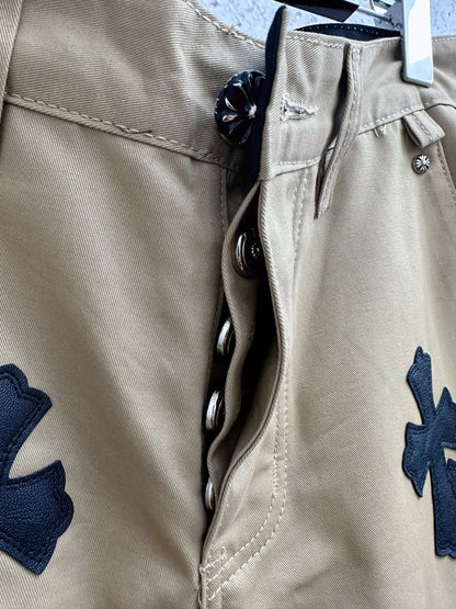 CHROME HEARTS CHINOS CEM CRS PTCH CROSS-PATCH LEATHER-TWILL PANTS