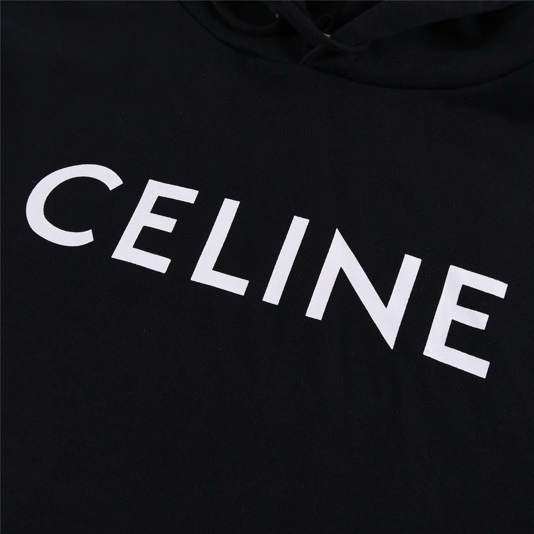 CELINE Logo Print Cotton Hoodie Sweatshirt "Black"