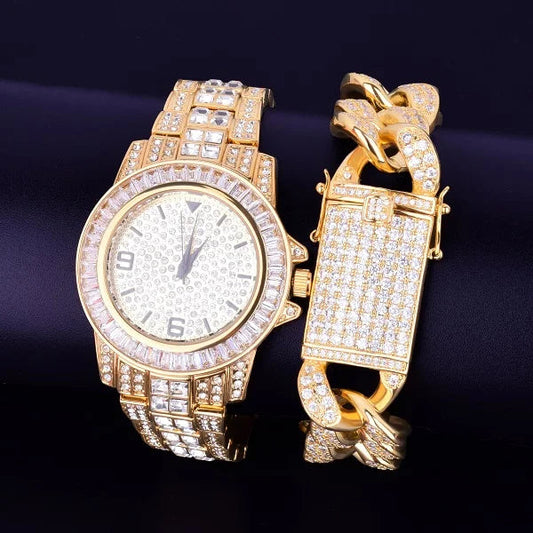 ICED OUT ダイヤモンドバゲットウォッチ & キューバンリンクブレスレットセット