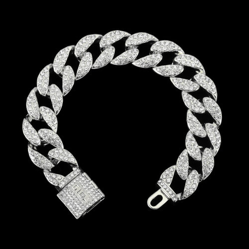 シルバー Iced Out キューバン チェーン ブレスレット