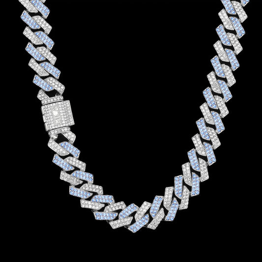 シルバー & オーシャンブルー Iced Out プロング チェーン ネックレス
