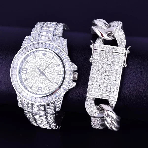 ICED OUT ダイヤモンドバゲットウォッチ & キューバンリンクブレスレットセット