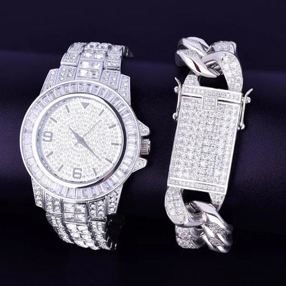 ICED OUT ダイヤモンドバゲットウォッチ & キューバンリンクブレスレットセット
