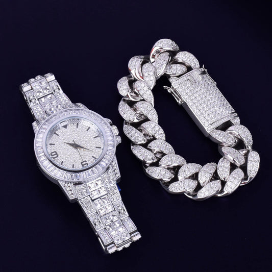 ICED OUT ダイヤモンドバゲットウォッチ & キューバンリンクブレスレットセット
