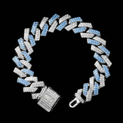 シルバー & オーシャンブルー Iced Out プロング チェーン ブレスレット