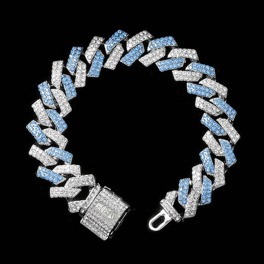 シルバー & オーシャンブルー Iced Out プロング チェーン ブレスレット