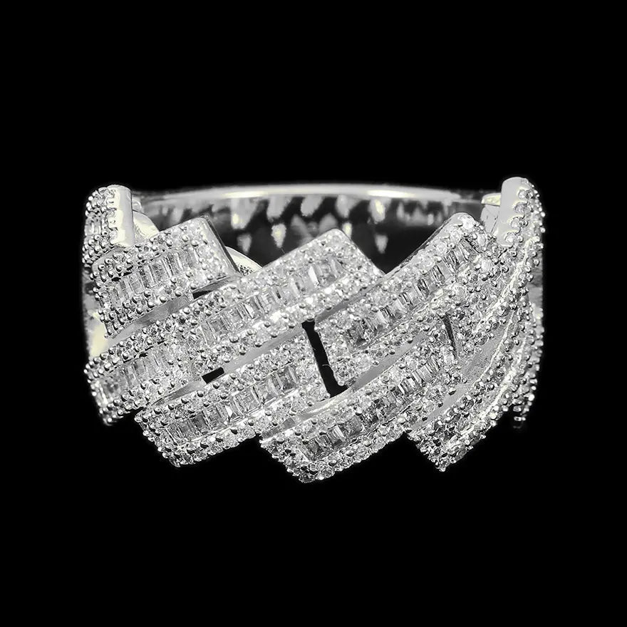 シルバー Iced Out プロング チェーン リング
