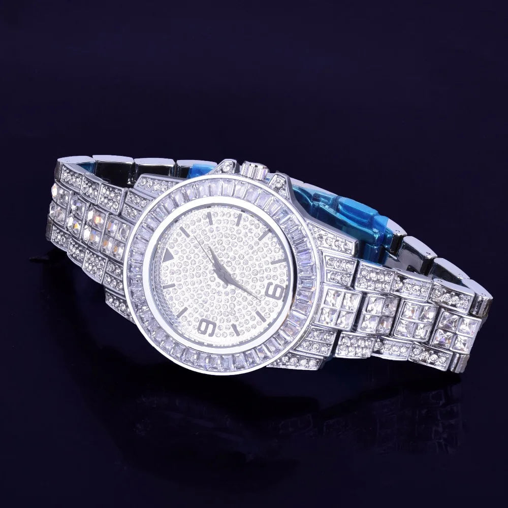 ICED OUT ダイヤモンドバゲットウォッチ & キューバンリンクブレスレットセット