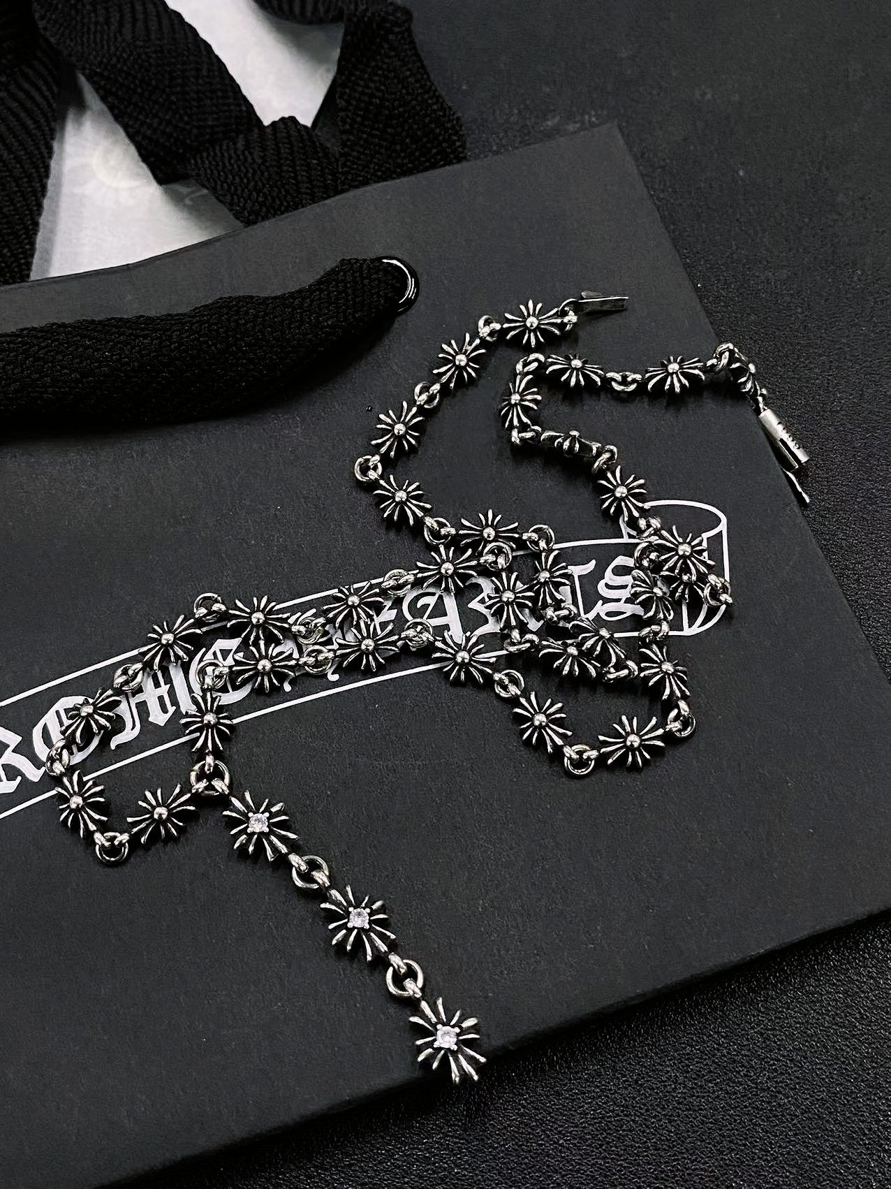 CHROME HEARTS 3-section stone set cross flower necklace