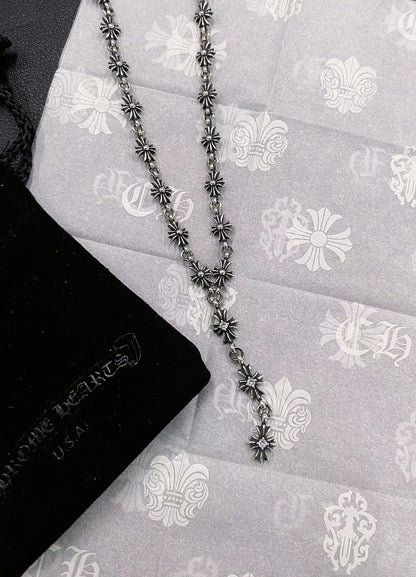 CHROME HEARTS 3-section stone set cross flower necklace