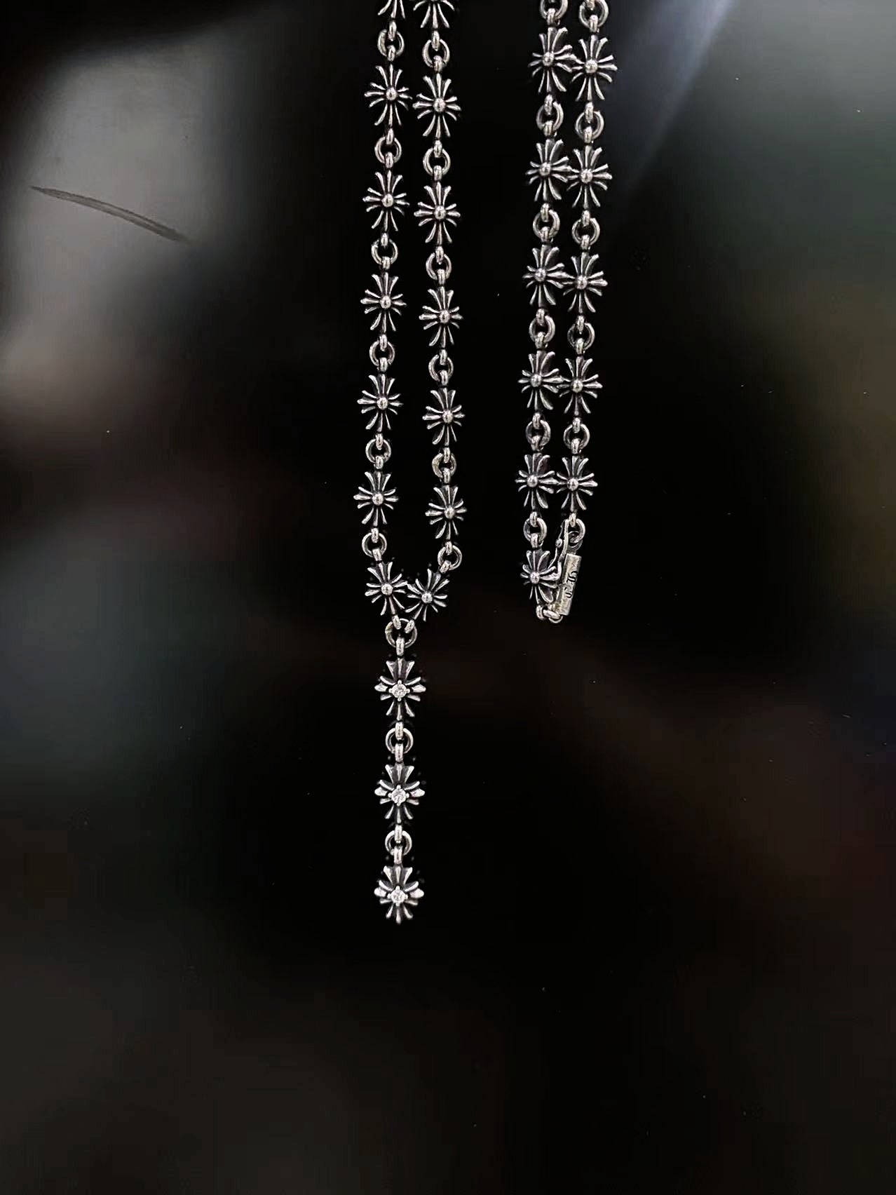 CHROME HEARTS 3-section stone set cross flower necklace