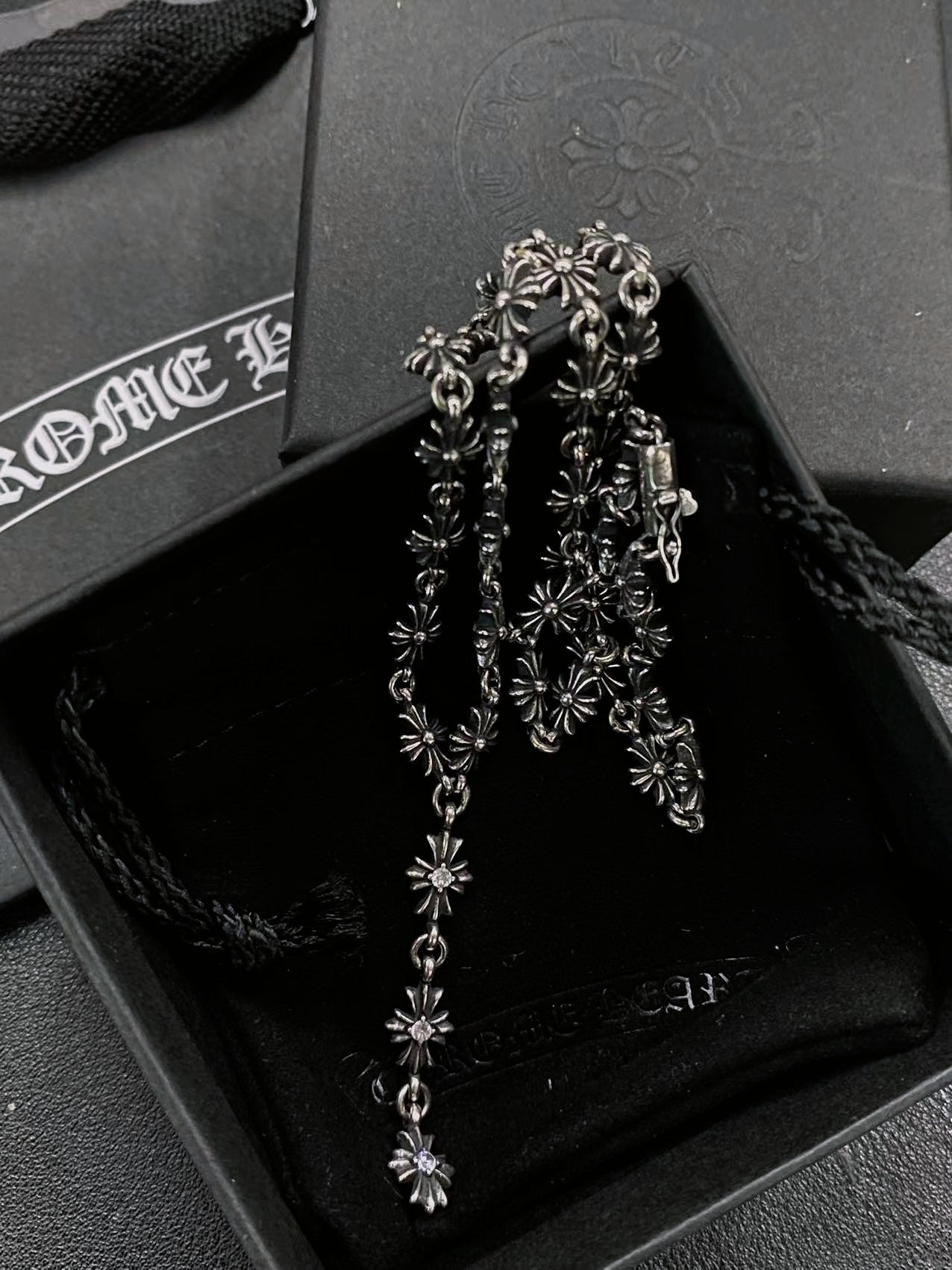 CHROME HEARTS 3-section stone set cross flower necklace