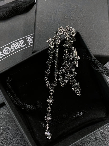 CHROME HEARTS 3-section stone set cross flower necklace