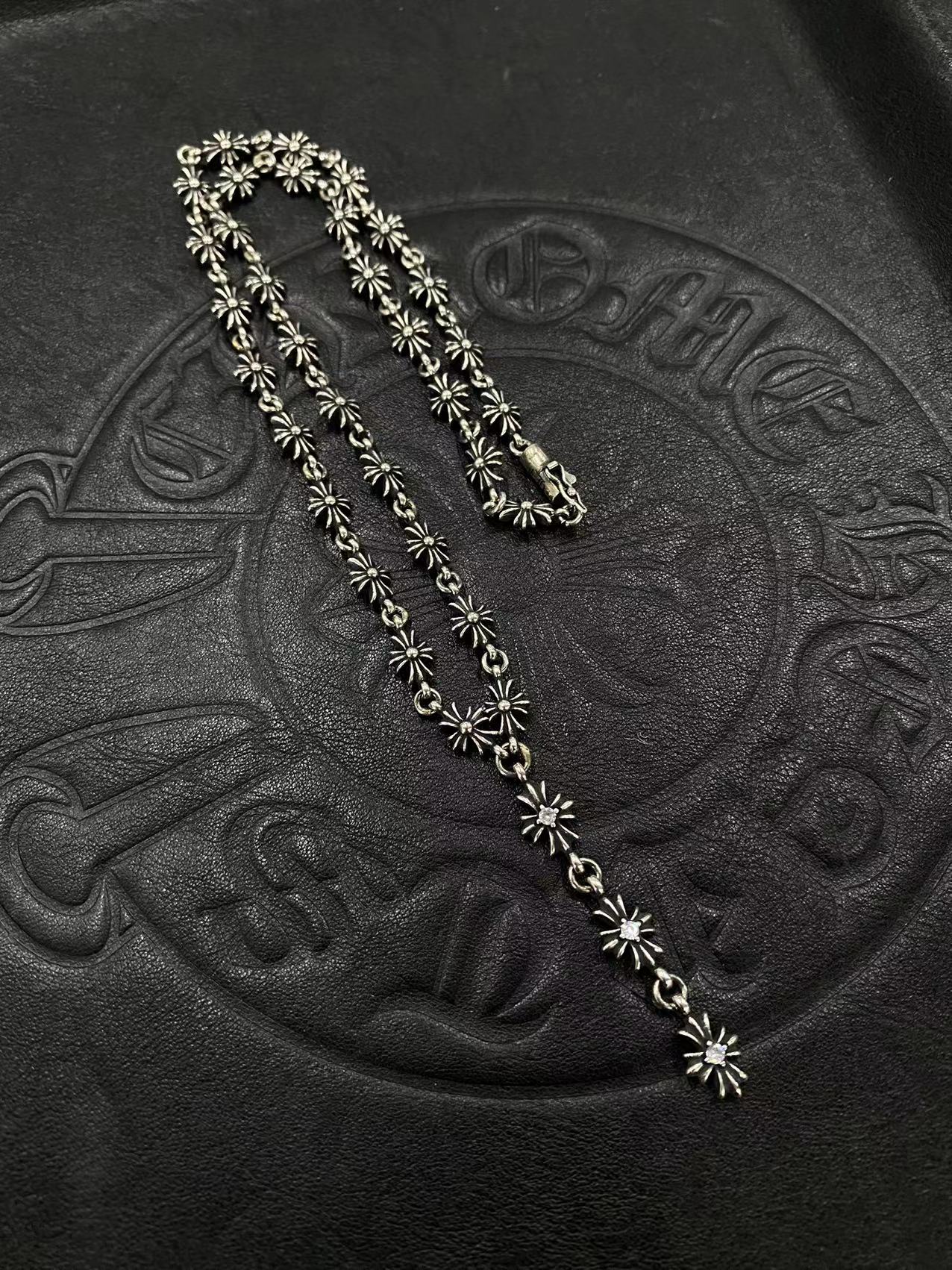 CHROME HEARTS 3-section stone set cross flower necklace