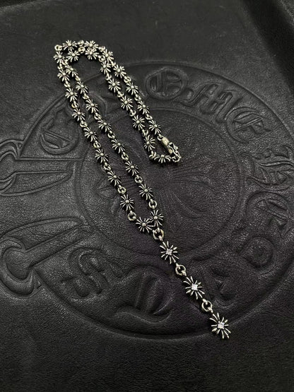 CHROME HEARTS 3-section stone set cross flower necklace
