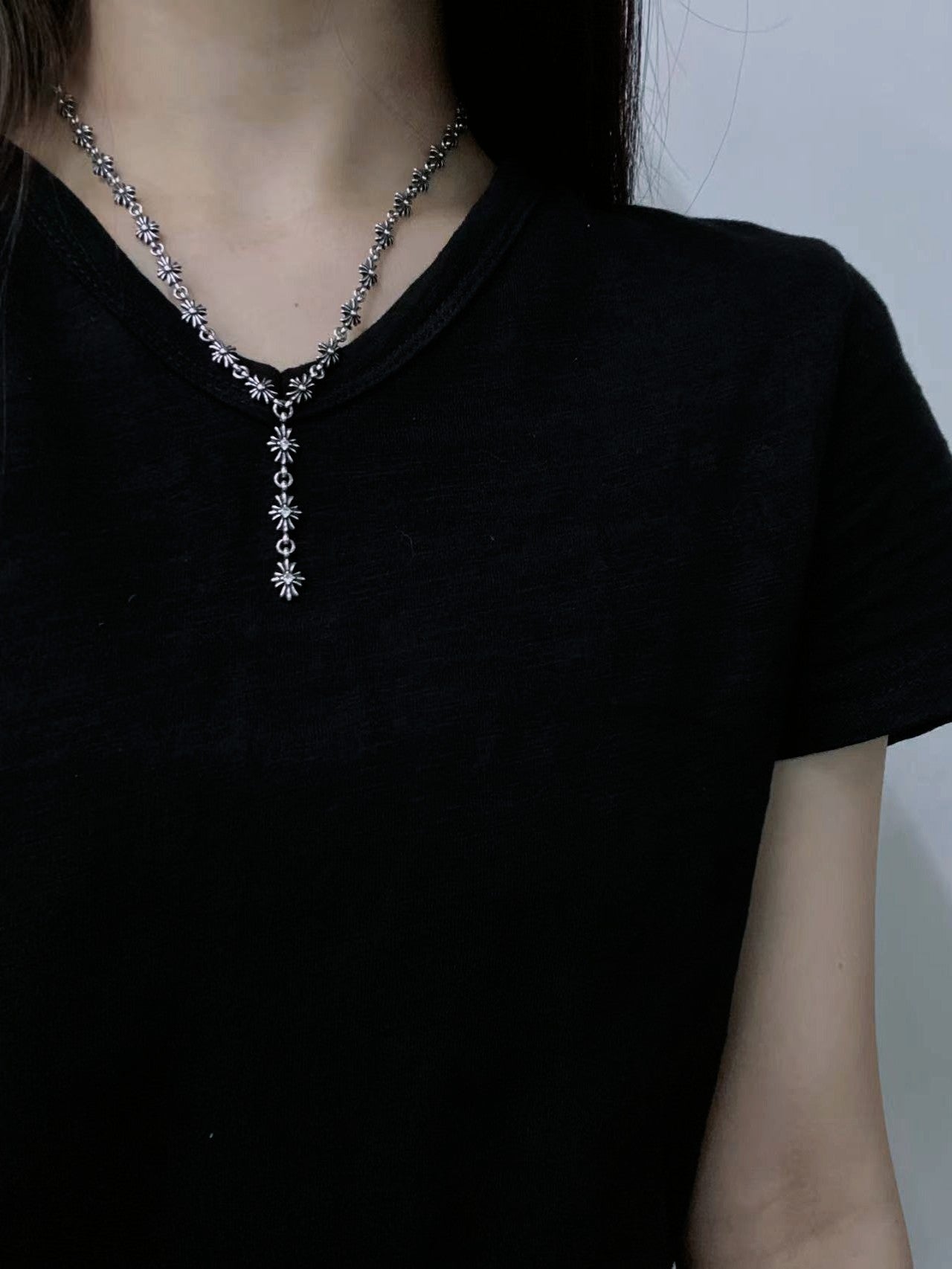 CHROME HEARTS 3-section stone set cross flower necklace