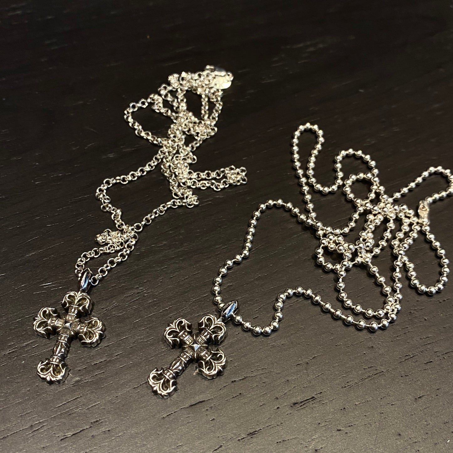 CHROME HEARTS Mini Flame Cross Necklace - Ball Chain/Pearl Chain
