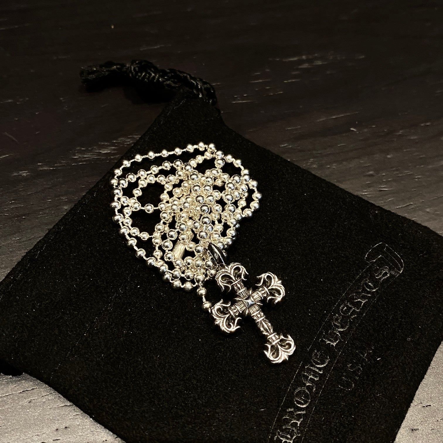 CHROME HEARTS Mini Flame Cross Necklace - Ball Chain/Pearl Chain
