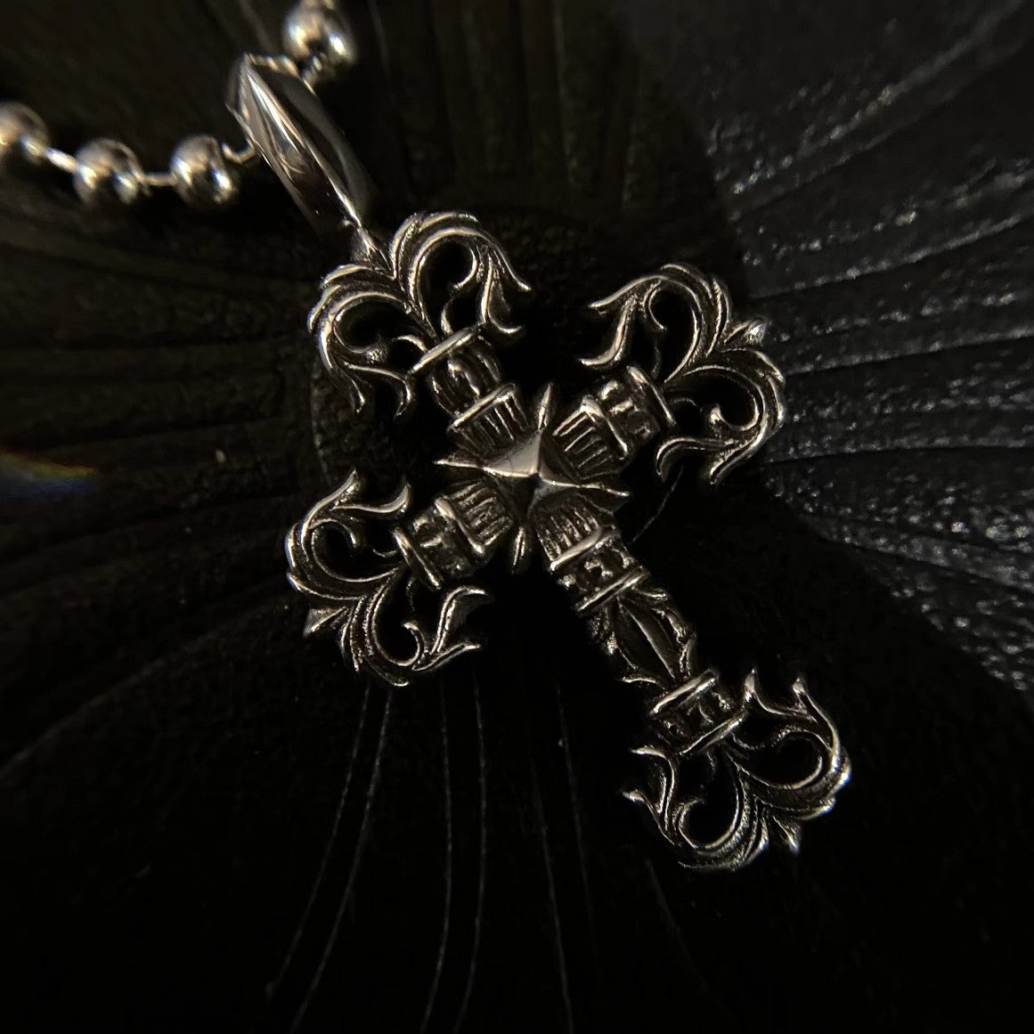 CHROME HEARTS Mini Flame Cross Necklace - Ball Chain/Pearl Chain
