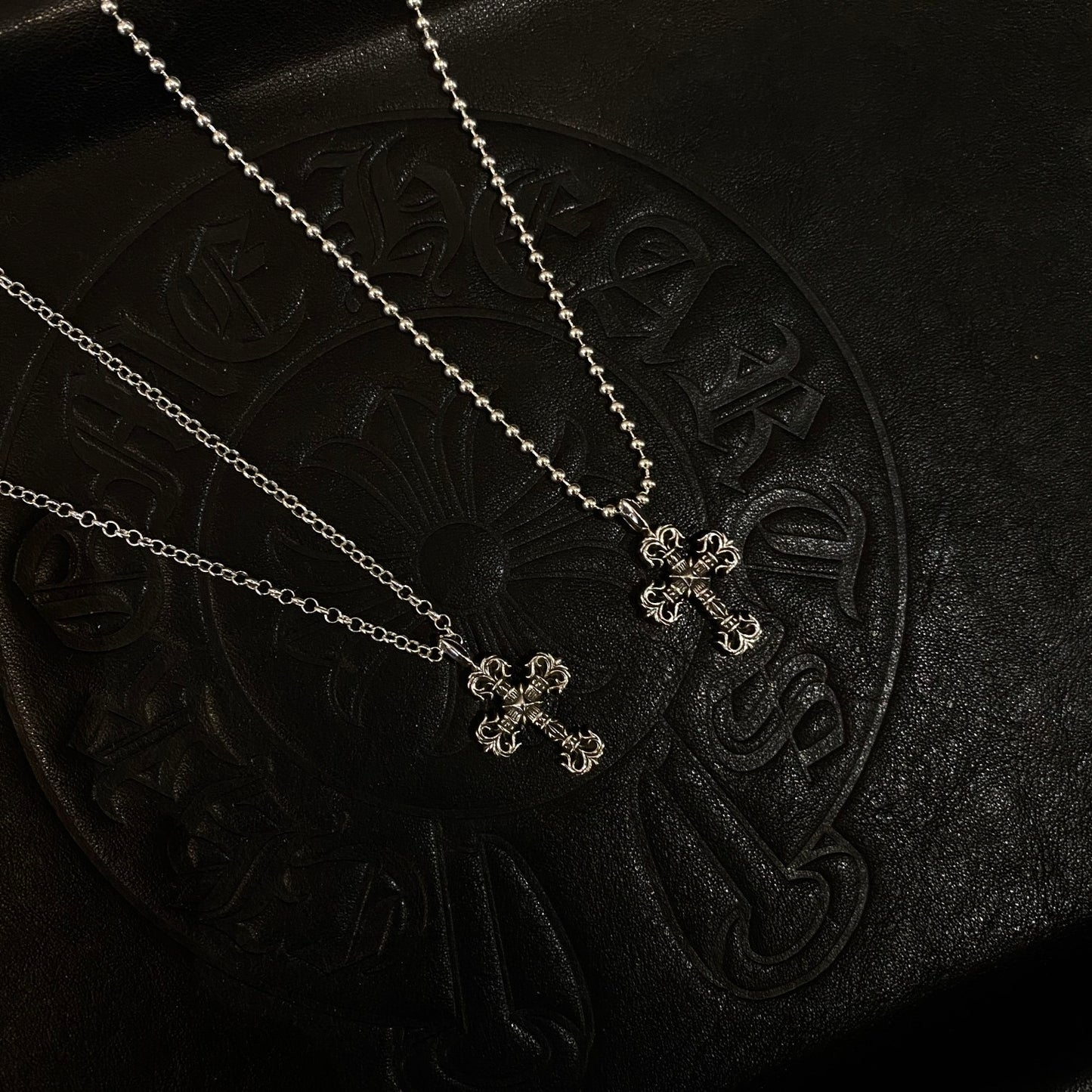 CHROME HEARTS Mini Flame Cross Necklace - Ball Chain/Pearl Chain