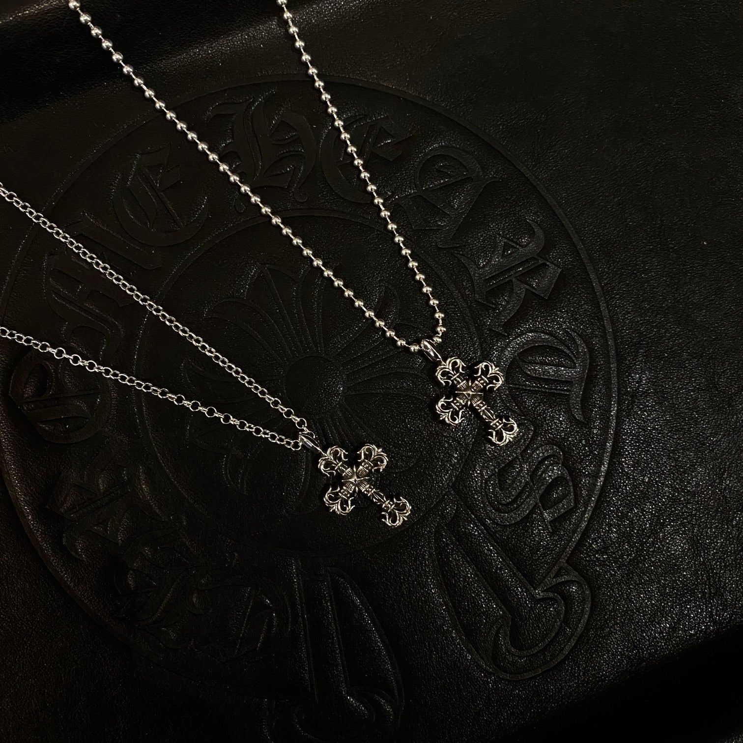 CHROME HEARTS Mini Flame Cross Necklace - Ball Chain/Pearl Chain