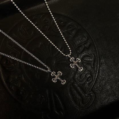 CHROME HEARTS Mini Flame Cross Necklace - Ball Chain/Pearl Chain