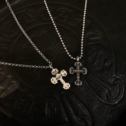 CHROME HEARTS Mini Flame Cross Necklace - Ball Chain/Pearl Chain