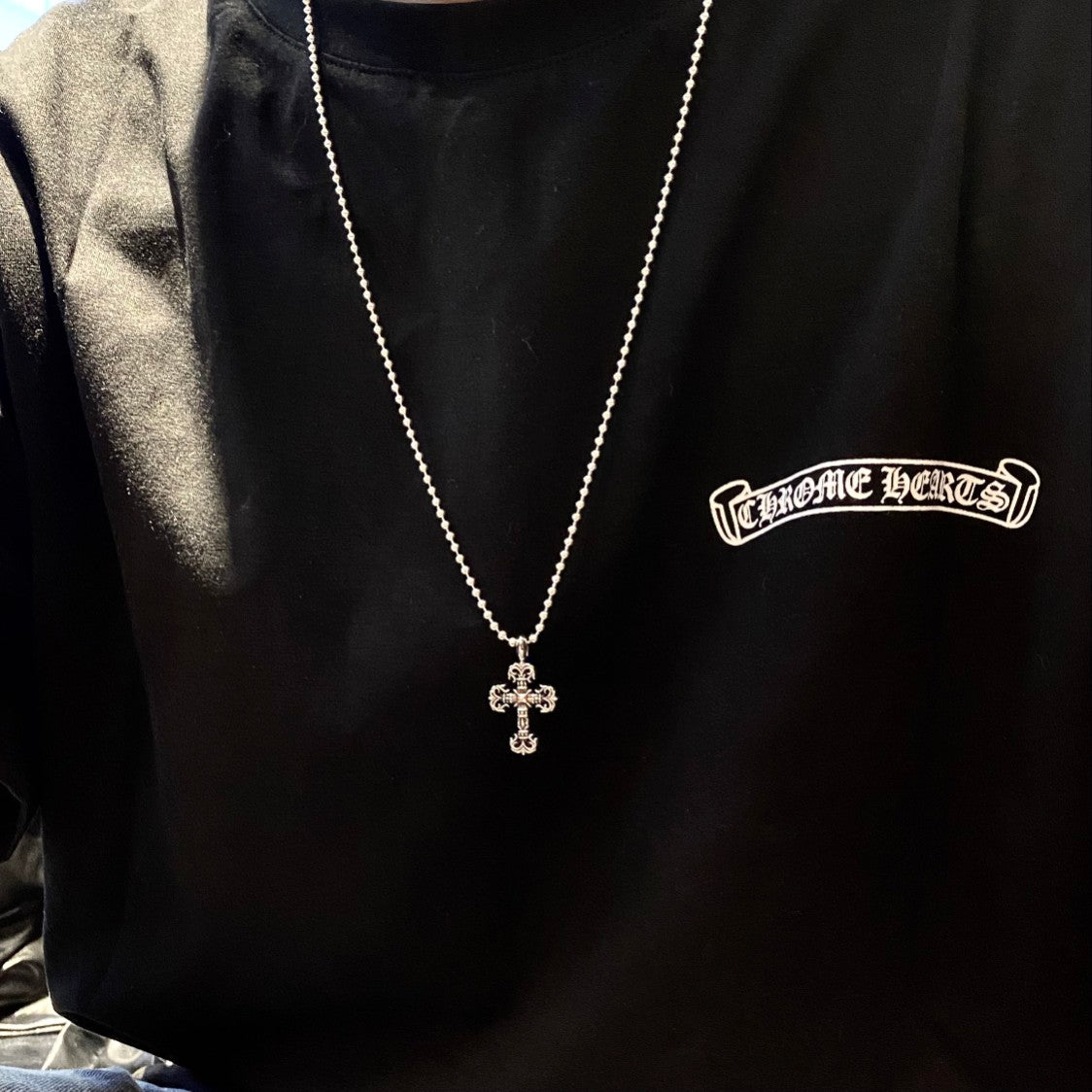 CHROME HEARTS Mini Flame Cross Necklace - Ball Chain/Pearl Chain