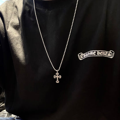 CHROME HEARTS Mini Flame Cross Necklace - Ball Chain/Pearl Chain