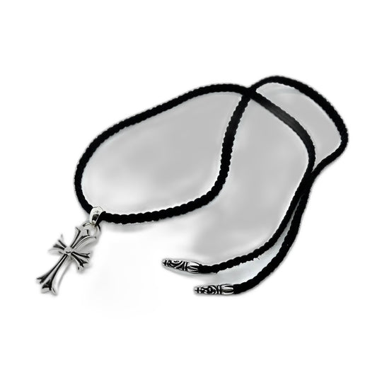 CHROME HEARTS Classic Cross Leather Cord Braided Necklace