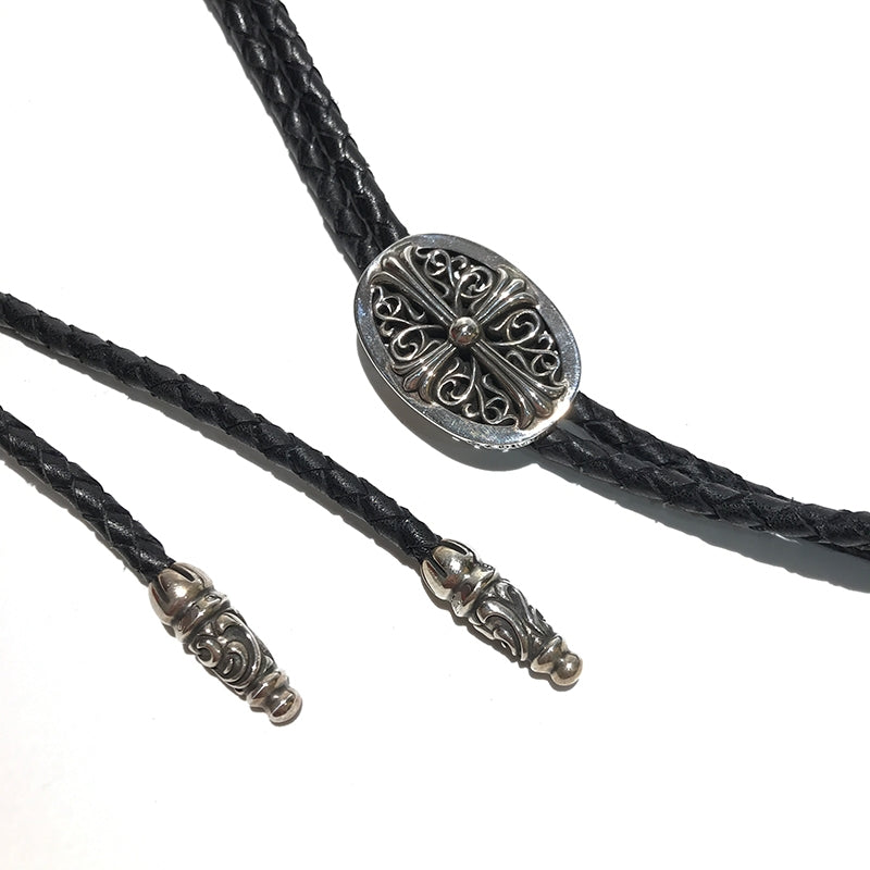CHROME HEARTS Sterling Silver Cross Arabesque Leather Necklace