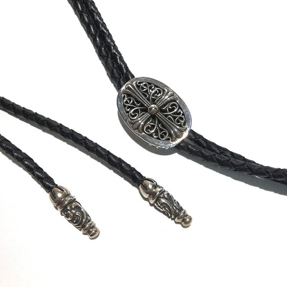 CHROME HEARTS Sterling Silver Cross Arabesque Leather Necklace