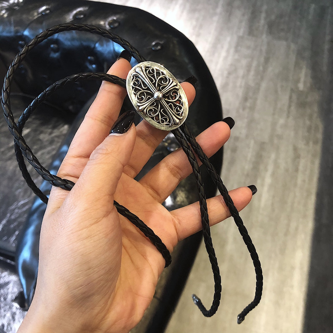 CHROME HEARTS Sterling Silver Cross Arabesque Leather Necklace