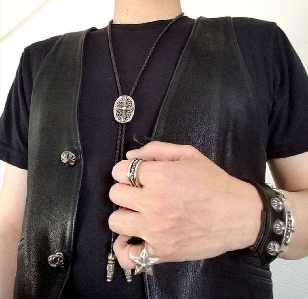 CHROME HEARTS Sterling Silver Cross Arabesque Leather Necklace