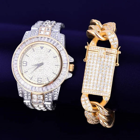 ICED OUT ダイヤモンドバゲットウォッチ & キューバンリンクブレスレットセット